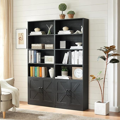 RWYHG 70in Tall Bookshelf 6 Tier Bookcase with Barn Doors and Adjustable Shelf, Black Farmhouse Book Shelves with Storage Cabinet,Wood Floor Standing Display Bookshelve for Bedroom,Living Room,Kitchen