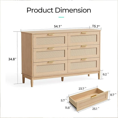 LINSY Rattan 6 Drawer Dresser for Bedroom, 54" Wide Mid-Century Modern Tall Chest of Drawers, Deep Storage Dresser with Curved Corner Design, Large Accent Wood Cabinet for Bedroom, Oak