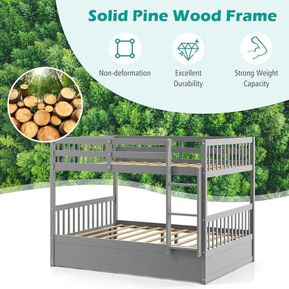 Giantex Full Over Full Bunk Bed with Trundle, Solid Wood Trundle Bed Frame w/Guardrails and Ladder, Convertible to 2 Beds, Full Size Bunk Beds for Adults Kids Teens, No Box Spring Needed, Grey