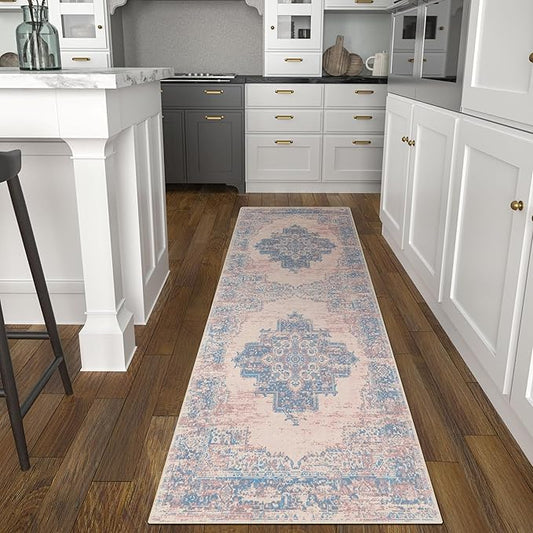 vivorug Runner Rug 2'x8' Machine Washable Non-Slip Runners for Hallways Kitchen Entryway Laundry Room Vintage-Inspired Carpet Hallway Runner Pink