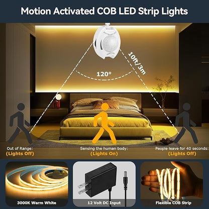 HOUHUI Under Bed Lights Motion Sensor COB LED Strip, 2 x 6.56Ft Warm White Motion Activated LED Light Strip for Bedside, 12V Dimmable Motion Sensor Night Light COB Strip for Under Cabinet Stair Closet