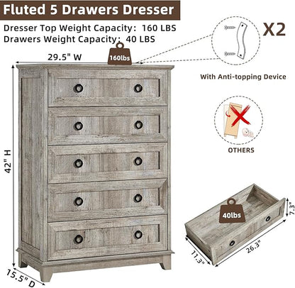 Farmhouse 5 Drawer Dresser for Bedroom Set of 2, 42" Tall Small Dressers & Chest of Drawers, Rustic Wood Dresser with Metal Handle, Storage Organizer Closet for Living Room, Hallway,Entryway