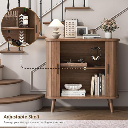 Buffet Cabinet with Storage, Curved-Edge Fluted Storage Cabinet Sideboard, Modern Walnut Sideboard Buffet with Adjustable Shelves & Sliding Door for Dining Room, Kitchen, Entryway