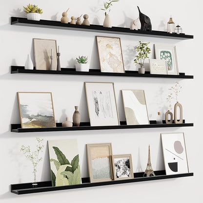 Fun Memories Picture Ledge Shelf for Wall, Floating Shelves Set of 4, 48 Inch Long Nursery Book Shelves for Toys Storage, Kids Bookshelf Wall Mounted for Books Photo Frames, Black
