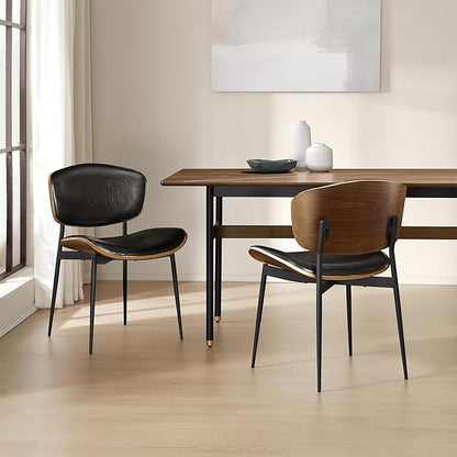 Art Leon Dining Chairs Set of 4, Walnut Bentwood, Mid Century Modern Dining Room Chairs, Faux Leather Upholstered Desk Chair with Black Metal Legs, Black