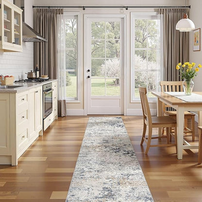 Washable Runner Rug for Hallway: 2.6x10 Neutral Modern Abstract Low Pile Area Rug with Non-Slip Backing - Carpet for Bedroom Kitchen Laundry Entryway Bathroom Indoor - Beige Blue