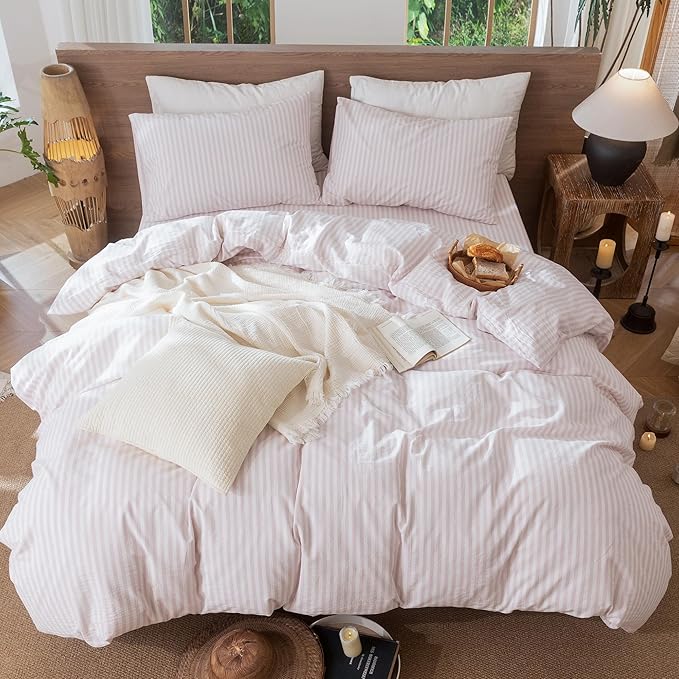 MooMee Striped Duvet Cover Set 100% Washed Cotton Linen Like Textured Breathable Durable Soft Comfy (Heathered Greyish Pink Classic Stripes, Twin 68"x90")