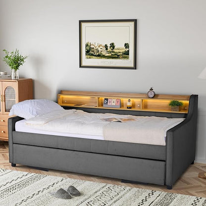 Twin Size Daybed with Pop Up Trundle Bed, Linen Upholstered Day Bed Frame with w/LED/USB/Type C/Storage Headboard, Twin to King Daybed for Living Room Bedroom, No Box Spring Needed, Dark Grey