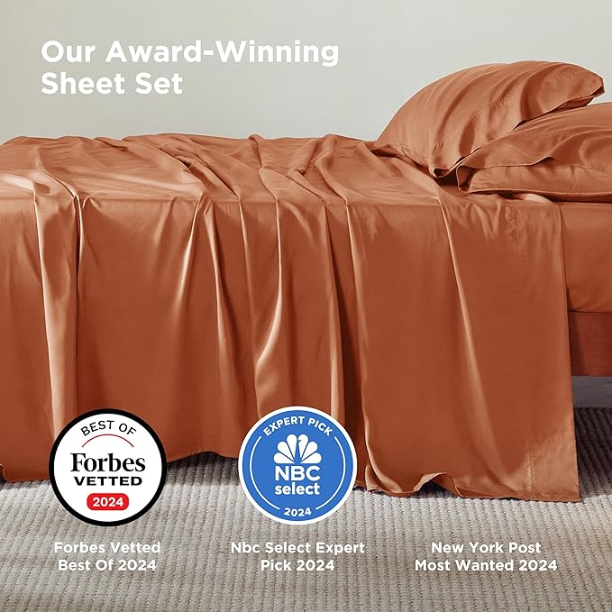 Bedsure King Size Sheets Set, Cooling Sheets for Hot Sleepers, Rayon Derived from Bamboo, Breathable & Soft, Deep Pocket Up to 16 Inches, Hotel Luxury Silky Bedding, Burnt Orange