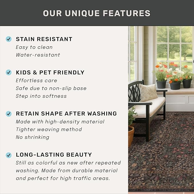 Dark Brown Washable 5x7 Area Rugs for Living Room, Non-Slip Soft Rugs for Bedroom, Dining Room, Home Office, Deep Olive Accent Floral Vintage Cottage Indoor Carpet Décor, Low Pile Stain Resistant
