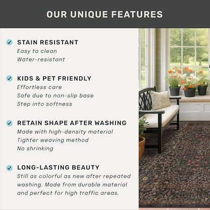 Dark Brown Washable 5x7 Area Rugs for Living Room, Non-Slip Soft Rugs for Bedroom, Dining Room, Home Office, Deep Olive Accent Floral Vintage Cottage Indoor Carpet Décor, Low Pile Stain Resistant