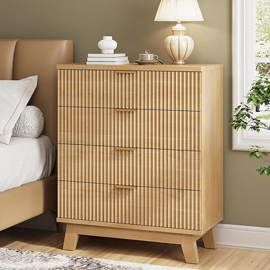 Fluted Nightstand, 31.5" Wide Side Table with 4 Large Storage Drawers, Mid Century Modern Wood Night Stand with Metal Handle, Wooden Bedside End Table for Bedroom, Living Room, Closet, Natural Oak