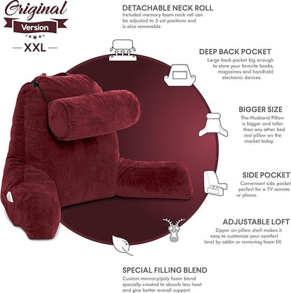 Husband Pillow XXL – Reading Pillow Bed Chair with Arms & Back Support – Maroon - Back Pillow for Beds Sitting Up – Bed Rest Arm Pillow – Comfy Reading Pillow for Adults
