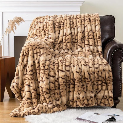 BATTILO HOME Luxury Ruched Faux Fur Throw Blanket Leopard Print, Double Side Soft Warm Rabbit Fur Blanket for Bed, Couch, Fall Throw Blanket for Home Decor, Large Cozy Mink Blanket 60"x80"