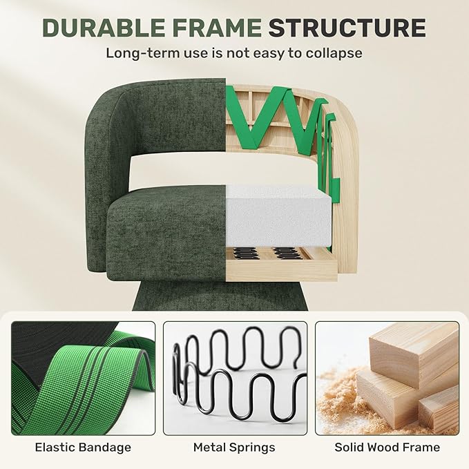 Swivel Accent Chair Set of 2, Modern Comfy Chenille Barrel Chairs, Oversized Upholstered Round Arm Chair for Living Room, Bedroom, Reading Room, Green