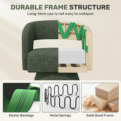 Swivel Accent Chair Set of 2, Modern Comfy Chenille Barrel Chairs, Oversized Upholstered Round Arm Chair for Living Room, Bedroom, Reading Room, Green