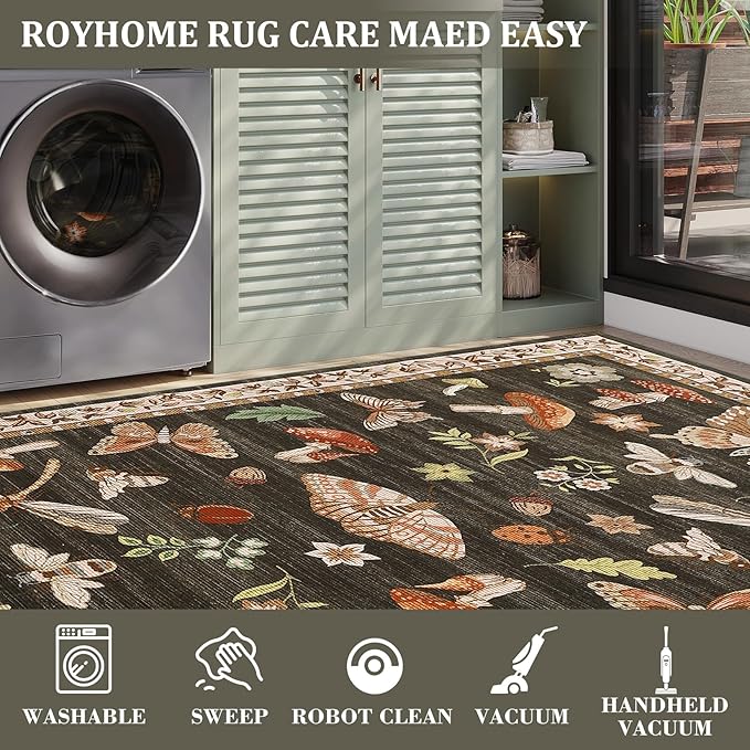 4x6 Rug Non-Slip Washable Carpet - Mushroom Soft Low-Pile Stain Resistant Foldable Rugs for Nursery Kitchen Bedroom Living Room Entryway Indoor Mat with Rubber Back Brown