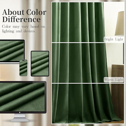 AUSSPVOCT Olive Green Velvet Curtains 96 Inches for Bedroom, Thermal Insulated Soft Room Darkening Curtains Luxury Window Drapes for Living Room Nursery, Back Tab Rod Pocket, W52 x L96, 2 Panels