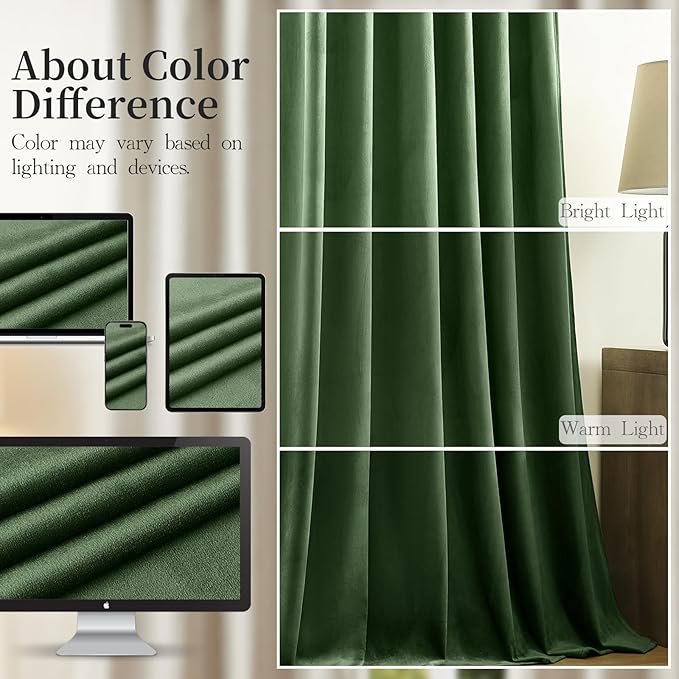 Olive Green Velvet Curtains 108 Inches Long for Bedroom, Luxury Room Darkening Thermal Insulated Blackout Curtains Luxury Window Drapes for Living Room, Back Tab Rod Pocket, W52 x L108, 2 Panels