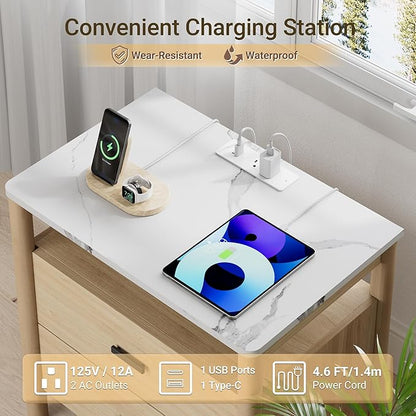 FavourLife Night Stand, 23" Wide Nightstand, Modern Large Nightstand with Charging Station & Faux Marble Top, 2 Drawer End Table with Solid Round Post Legs, Bedside Table for Bedroom, Natural Oak