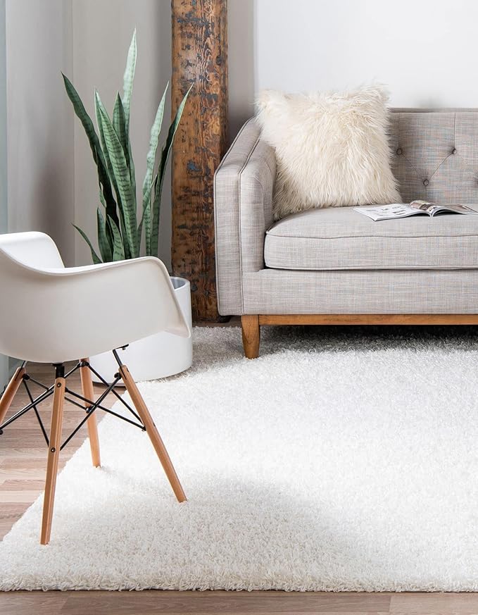 Unique Loom Solid Shag Collection Area Rug (5' 1" Square, Snow White)