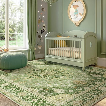 Area Rugs 5'x8' Washable Non-Slip, Floral Vintage Distress Print Pattern Medallion Carpet for Living Room Bedroom Dining Room, Sage Green Yellow