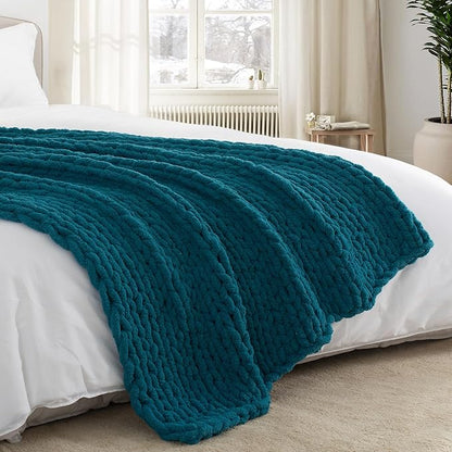 Chunky Knit Throw Blanket 60"X 80", 100% Handmade with Soft Chenille Yarn, 6.7lbs Thick Cable Knitted Blankets, Large Rope Knot Crochet Throws for Couch Sofa Bed Home Decor, Mineral Blue