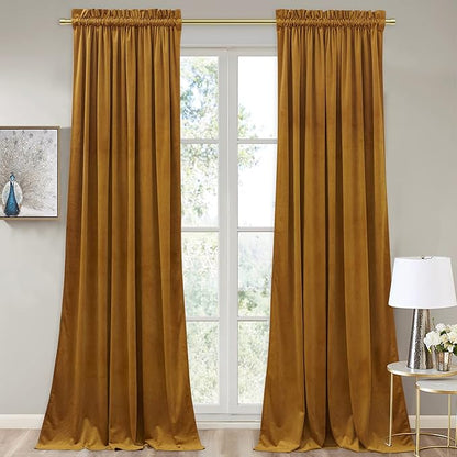 StangH Mustard Gold Curtains - Thick Heavy Velvet Drapes for Bedroom Light Blocking Chill & Heat Resistant Window Panels for Halloween, W52 x L90, 2 Panels