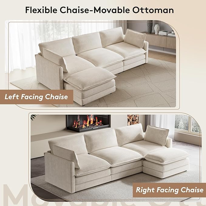 ROWHY 104'' Modular Sectional Cloud Couch with Movable Ottoman, 4 Seat Modern Corduroy Sofa, Deep Seat L Shaped Couch for Living Room Bedroom Apartment, Beige