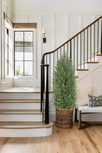 Briful 2PCS 4ft Artificial Cedar Topiary Trees in White Planter – Medium Faux Evergreen Potted Plants, Indoor Outdoor Fake Shrubs, Lifelike Fake Cypress Trees for Home, Office, Patio, Porch