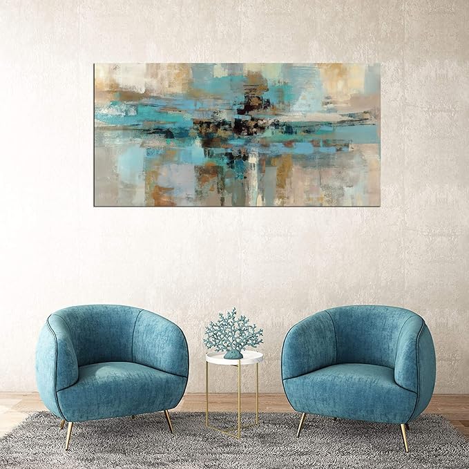DZL Art A74775 Canvas Prints Abstract Wall Art Print Paintings Blue and Brown Stretched Canvas Wooden Framed for living Room Bedroom and Office Home Decor Artwork