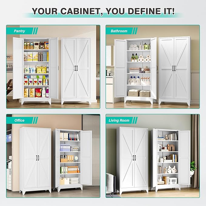 SISESOL 75" Tall Pantry Cabinet,Farmhouse Kitchen Pantry Storage Cabinets with 2 Doors and 5 Shelves,White Metal Storage Cabinet,Large Cupboard for Home,Kitchen,Dining/Living Room