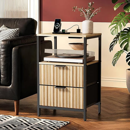 VINGLI Night Stand with Charging Station, Fluted Nightstand Oak with Drawers Fabric, Bed Side Table/End Table for Bedroom, 14.96" W*11.81" D*23.78" H
