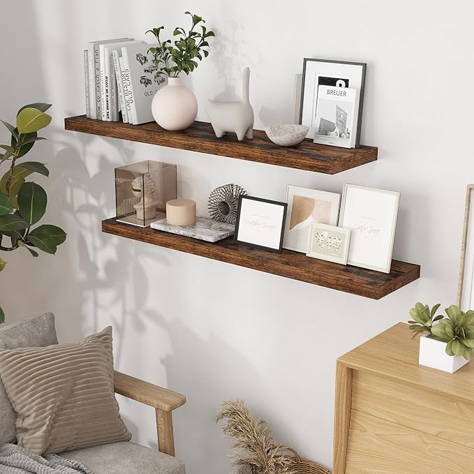 Floating Shelves for Wall, 48 x 9.3 Large Floating Shelf Wall Mounted Set of 2, Rustic Wood Shelves for Bathroom, Kitchen, Living, Heavy-Duty Storage Deep Shelf for Books, Decor, Rustic Brown