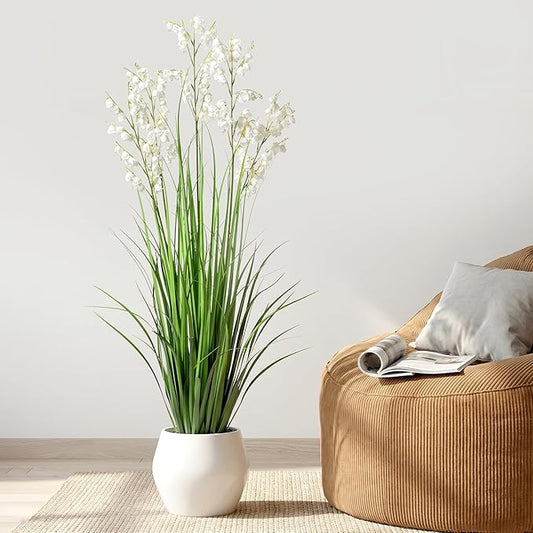 Artificial Tall Grass Plants with Pots 47“ 1 Pack Lily of The Valley Artificial Grass Home Interior Decorating and Outdoor Garden Decorations（White）