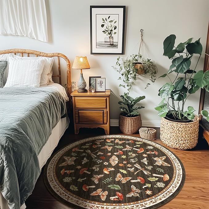 Mushroom Insect 3ft Round Rug Washable Non-Slip Soft Ultra-Thin Small Boho Circle Carpet for Entryway Kitchen Bedroom Nursery Dining Room Brown