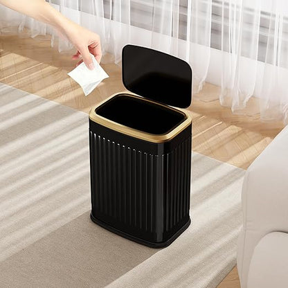 TIPGO Bathroom Trash Can with Lid, 2.1 Gallon / 8 Liter Small Garbage Can, Press Top Bin, Stainless Steel Wastebasket with Pop-Up Lid for Bedroom, Living Room, Office (Black)