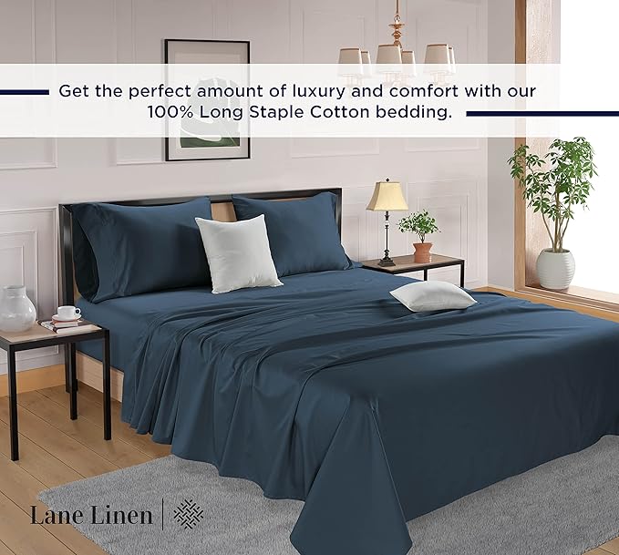 LANE LINEN Queen Bed Sheets - Pemium 600 Thread Count Long Staple 100% Cotton Sheets Queen Size Bed Set, Hotel Luxury Sateen Finish, 15" Deep Pocket Fitted Sheet, Cool & Durable - Denim