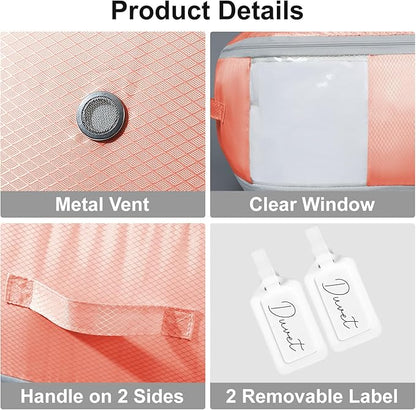 Comforter Storage Bag - Large Capacity Blanket Storage Bags 3-Layer Ultra Space Saving Self Compression Organizer, Washable Compression Bags for Storage Comforter Blanket, 2-Pack, Pink