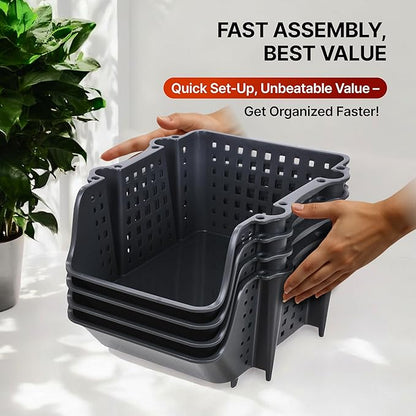 Skywin TidyFriend Plastic Stackable Storage Bins, 4 Pack Extra Large Open Front Bins for Toy, Pantry, Kitchen, and Bathroom Organization (Dark Grey)