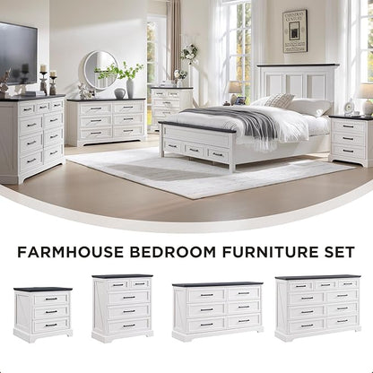 ACCOHOHO Farmhouse Queen Size Bed Frame with 52" Tall Headboard, Wood Platform Bedframe with Footboard and Storage Drawers, No Squeak, No Box Spring Needed, Off White
