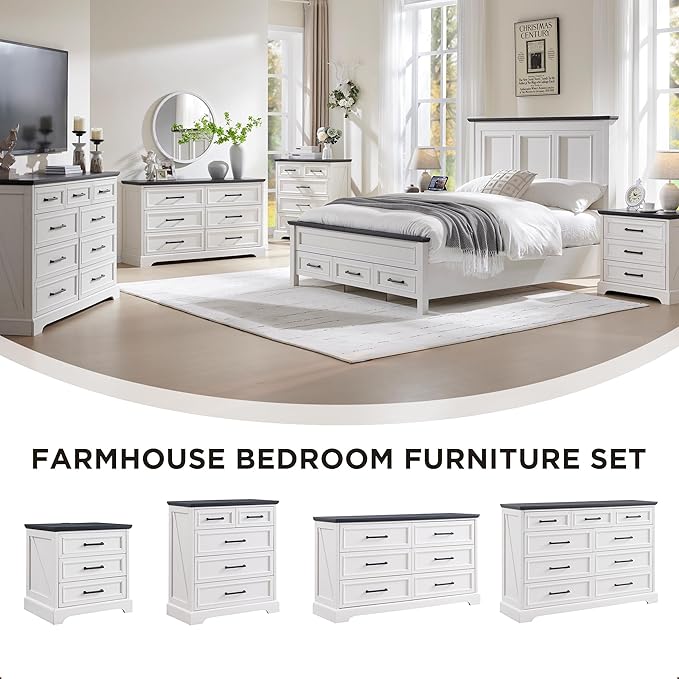 ACCOHOHO Farmhouse King Size Bed Frame with 52" Tall Headboard, Wood Platform Bedframe with Footboard and Storage Drawers, No Squeak, No Box Spring Needed, White