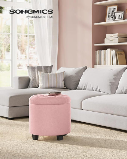 SONGMICS Round Ottoman, Ottoman with Storage, 17.7 x 17.7 x 17.5 Inches, Foot Rest with Legs, Velvet, Load up to 330 lb, for Living Room, Bedroom, Jelly Pink ULOM012R01