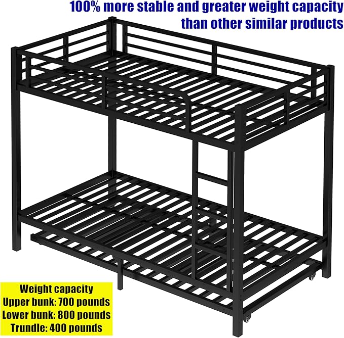 Upgraded & Stronger Heavy Duty Metal Twin XL Over Twin XL Bunk Bed with Trundle for Adults & Teens, Thickened More Stable Safer Bunkbeds (Greater Weight Capacity)