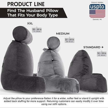 Husband Pillow XXL Aspen Edition, Adult Reading Sit Up Bed Rest Pillow for Bed with Arms & Neck Roll on Bungee Cord - Premium Memory Foam - Reversible 2 Sided Cover Micro Suede or Plush, Iron Grey