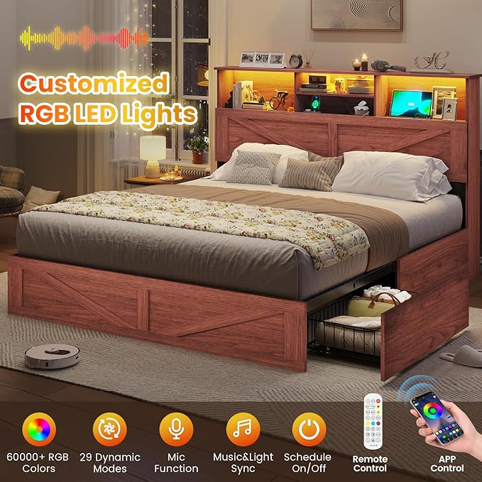 VIAGDO Farmhouse Bed Frame Queen Size with Bookcase Storage Headboard, Charging Station and LED Lights, Wooden Queen Bed Frame with 4 Drawers, Barn Door Design, No Box Spring Needed, Reddish Brown