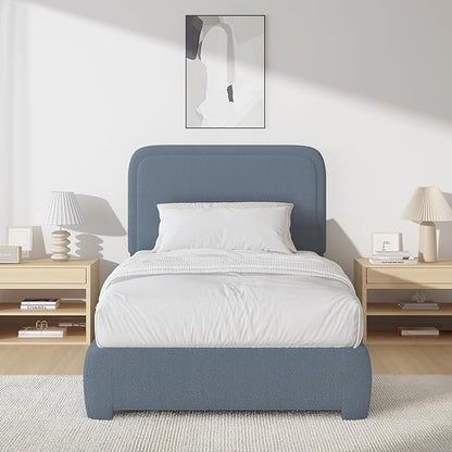 BarnFurin Twin Bed Frames with Headboard,Cloud Boucle Upholstered Platform Bed, Modern Style, Soft Rounded Corners, No Box Spring Needed, Easy Assembly, Blue