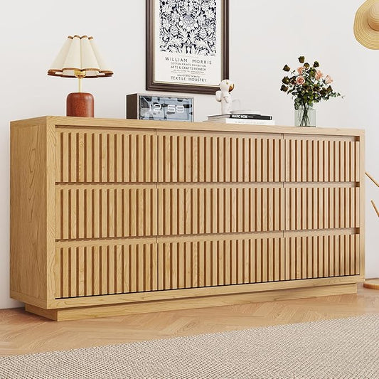 Long Dresser for Bedroom, Large Fluted Dresser with 9 Drawers, 58" Wide Modern Chest of Drawers, Wood Closet Clothes Storage Organizer, Wooden TV Stand for Living Room, Boho, Natural Oak