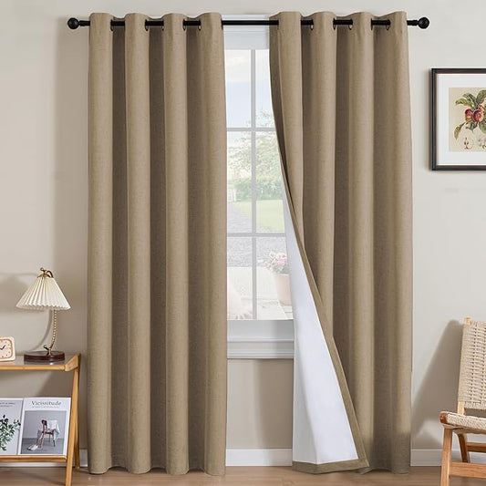 H.VERSAILTEX Linen Curtains 100% Blackout Curtains for Bedroom 96 inch Long Full Light Blocking Nature Linen Blended Window Curtains for Living Room Nickel Grommet (2 Panels, Heathered Macchiato)