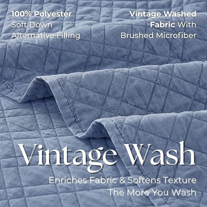 Cali King Quilt Set with Shams Lightweight Quilted Bedspread Coverlet Thin Comforter Bed Cover Vintage Washed Quilted Blanket for All Season, Brushed Microfiber Diamond Stitching, Blue, 111"x92"